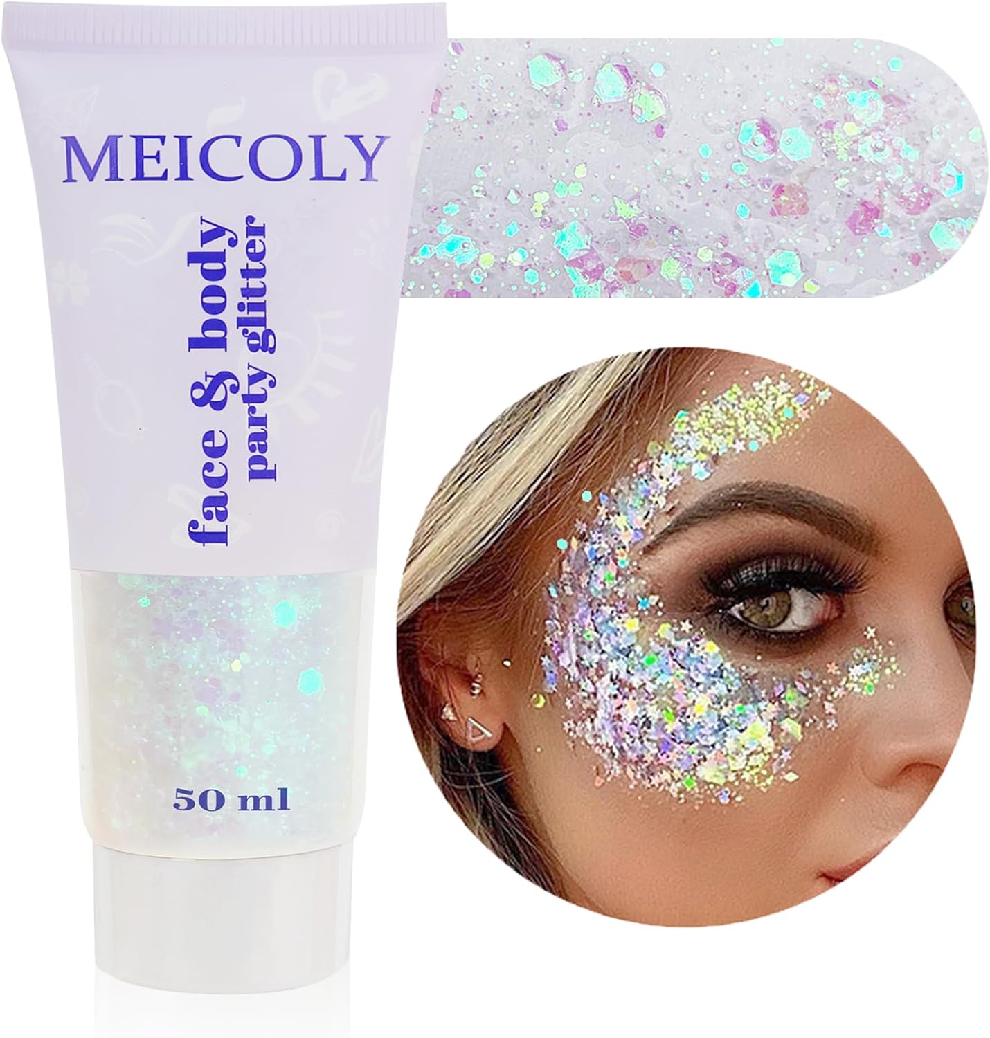 "Brillo corporal blanco, glitter facial para conciertos, festival y Halloween, 50ml"